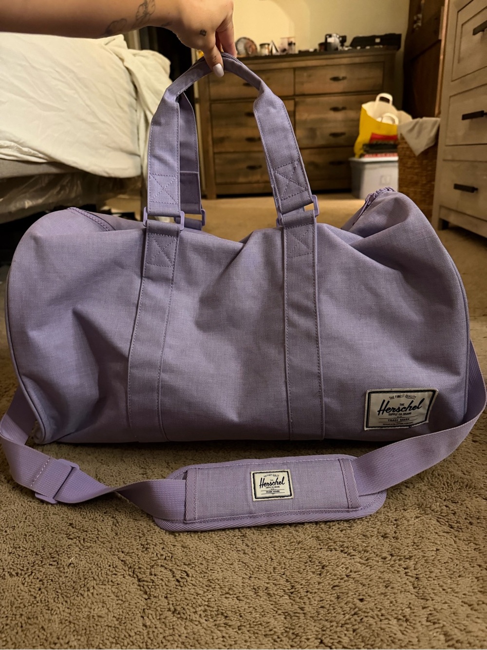 Herschel lavender duffle bag